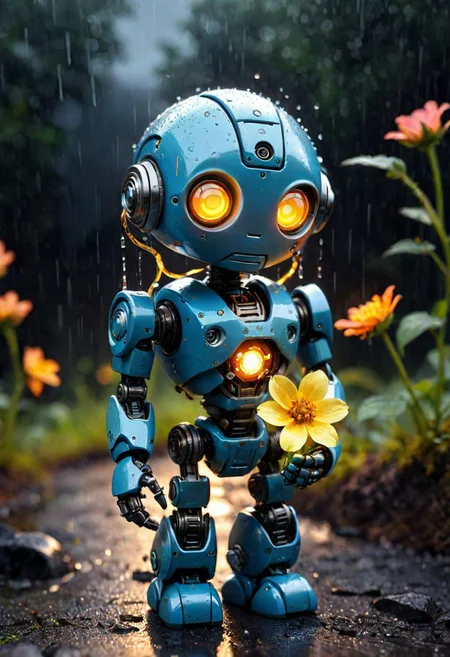 photo of sad tiny cute robot holding a glowing flower in hands, looking far, end of the world, apocalypse, dark fantasy, smooth, raining day