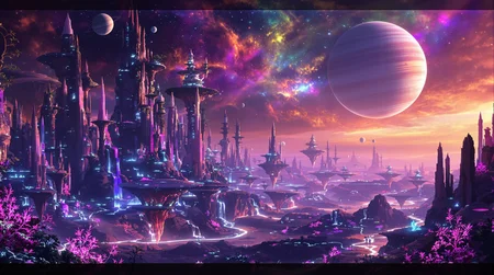 A breathtaking alien landscape, on a distant planet, featuring towering, bioluminescent flora and floating islands suspended in a vibrant
, nebula-filled sky. The terrain is a mix of crystalline formations and glowing, otherworldly plants. Rivers of liquid light flow through the valleys, casting an ethereal glow across the scene. Strange, luminescent creatures can be seen in the distance, blending seamlessly with the fantastical environment. The horizon is dotted with multiple moons and a giant, ringed planet, adding to the surreal beauty of this extraterrestrial world