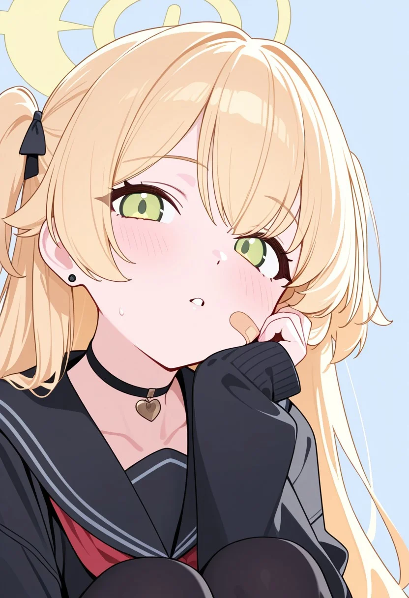professor niyaniya (blue archive),(blonde hair,green eyes,yellow halo:1.5),
(bluearchive_style:1.3),round_cheeks,low_cheekbone,chin_curve, large_anime_eyes, emerald_green_eyes,
from_side,close-up, 1girl,cute face,black serafuku,black_thighhighs,two side up,black choker,heart choker,earrings,hair behind ear,bandaid,sleeve past wrists,skirt,belt buckle,head tilt,parted lips