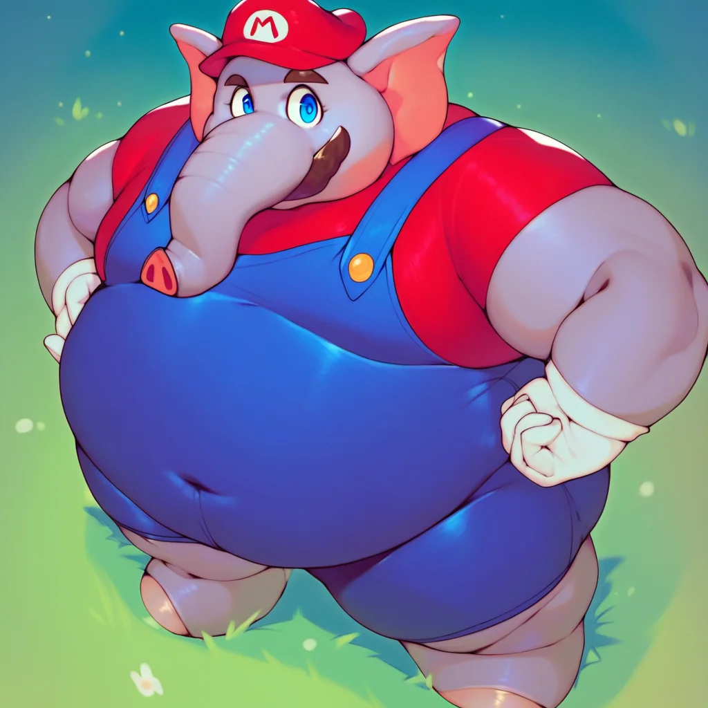 score_9, score_8_up, score_8, furry, EMario, elephant, grey body, moustache, blue eyes, cartoon style, 2d, overweight male, chubby, fat, moobs, thick thighs, wide hips, red undershirt, blue overalls, white gloves, red cap, standing, solo, high angle, looking at viewer, smile, hands on hips, outside, on grass