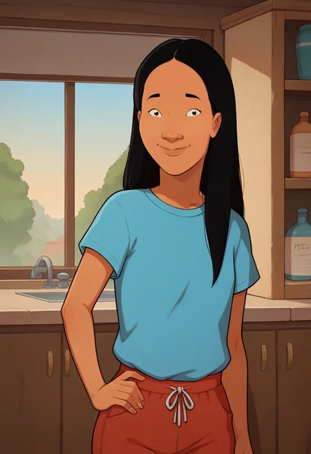 score_9, score_8_up, score_7_up, 1girl, solo, black hair, long hair, dark skin, flat chest, narrow waist, masterpiece, 1girl, solo, Connie S KOTH, black eyes, detailed face, face detailed, detailed eyes, good eyes, 
1 girl, blue t shirt, short red pants, indoors, standing, short body, cute, beautiful, young, poses, front view,smiling, closed mouth,