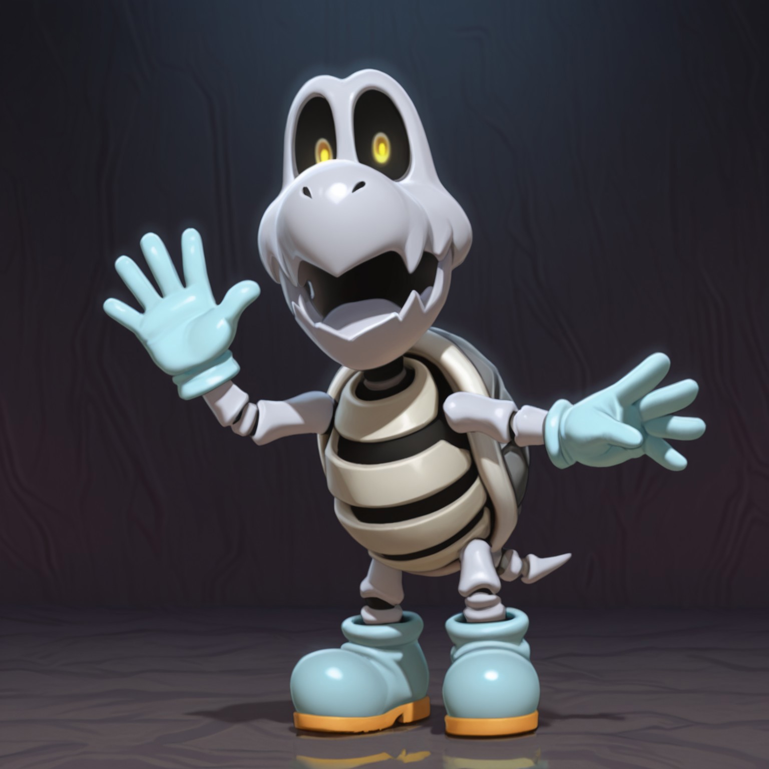 Solo, 2d, 1boy, Drybones, male, skeleton, male, shelled, gray shell, short tail, black sclera, yellow pupils, light blue gloves, light blue shoes,

BREAK full body, standing, looking at viewer, waving, open mouth smile

BREAK best quality, amazing quality, very aesthetic, absurdres, newest, high quality, masterpiece, abstract background 