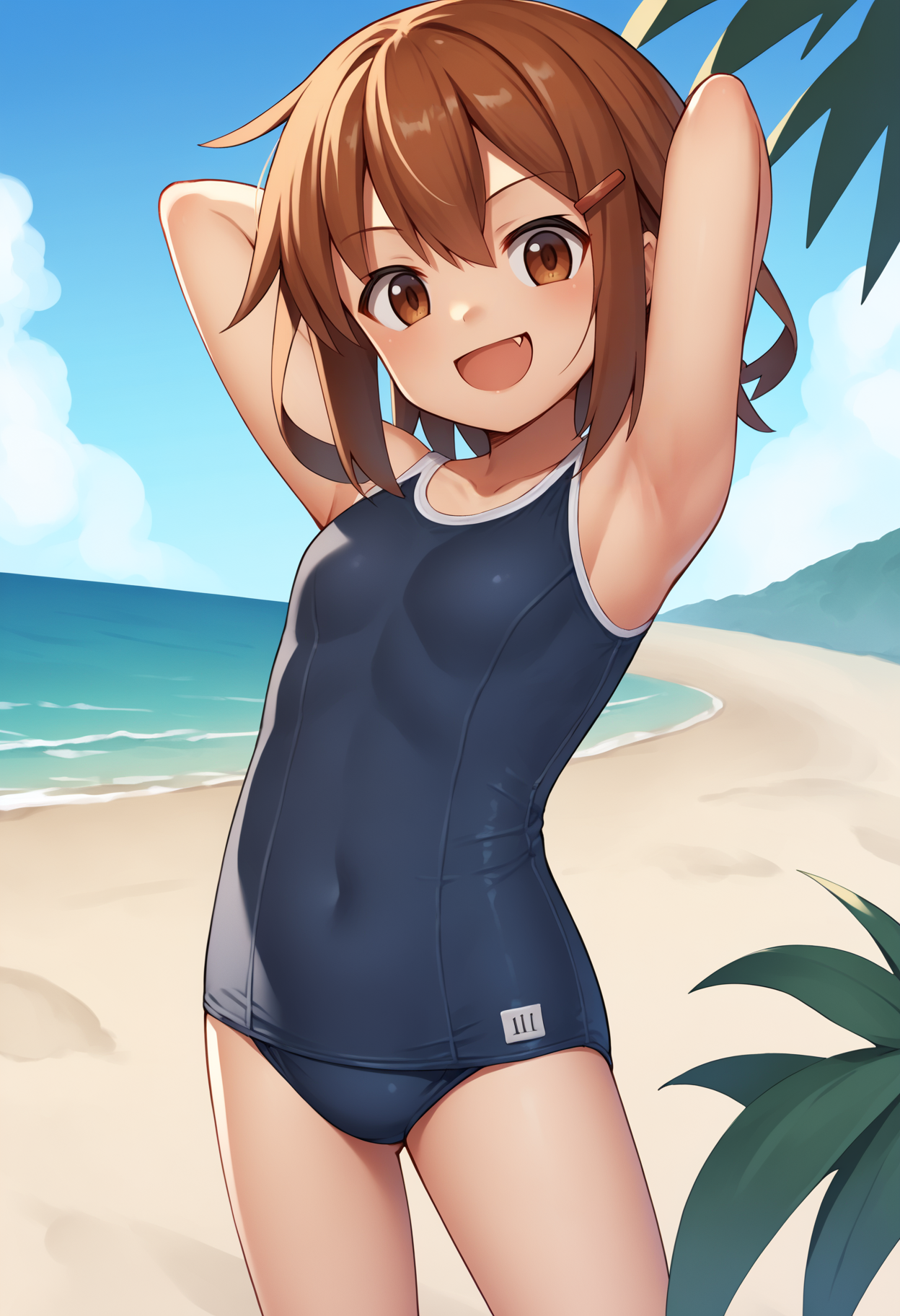 score_9, score_8_up, score_7_up, score_6_up, score_5_up, score_4_up, BREAK, source_anime,
1girl, ikazuchi \(kancolle\), brown hair, short hair, brown eyes, hairclip, fang,
school swimsuit, hands behind head, one-piece swimsuit, open mouth, smile, happy, solo, looking at viewer, sea, sand, blue sky, tropical island background    <lora:IkazuchiXL:1>