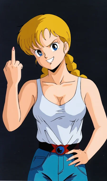 DL, 1girl, solo, retro artstyle, blonde twintails, big grin, white tank top, pants, looking at viewer, clenched had at viewer, middle finger up, arm on hip, dark background, <lora:Doris Lang Pony XL:0.8>