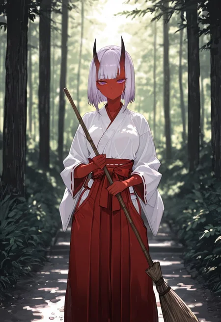 masterpiece, best quality, amazing quality, 1girl,
8K, illustrating, CG, detailed-eyes, detailed background, cute girl, eyelashes, lowlight
BREAK
detailed background, eyelashes, erotic, looking seductive, coy. dynamic action image, detailed face, detailed eyes, direct mesmerizing gaze,
BREAK
(EyesHD:1.2), (4k,8k,Ultra HD), masterpiece, best quality, ultra-detailed, very aesthetic, sharp focus, depth of field, ray tracing, best lighting, detailed illustration, detailed background, cinematic, beautiful face, beautiful eyes,
BREAK
(sexy, slutty, hot, aroused),
Aka-Oni, oni, colored skin, red skin, smooth horns, black horns,
BREAK
miko, japanese clothes, red hakama, white kimono, tree, (forest), broom, holding broom, sweeping, hakama short skirt, hip vent, (torii:0.9), looking at viewer,, blurry, blurry background, purple eyes,