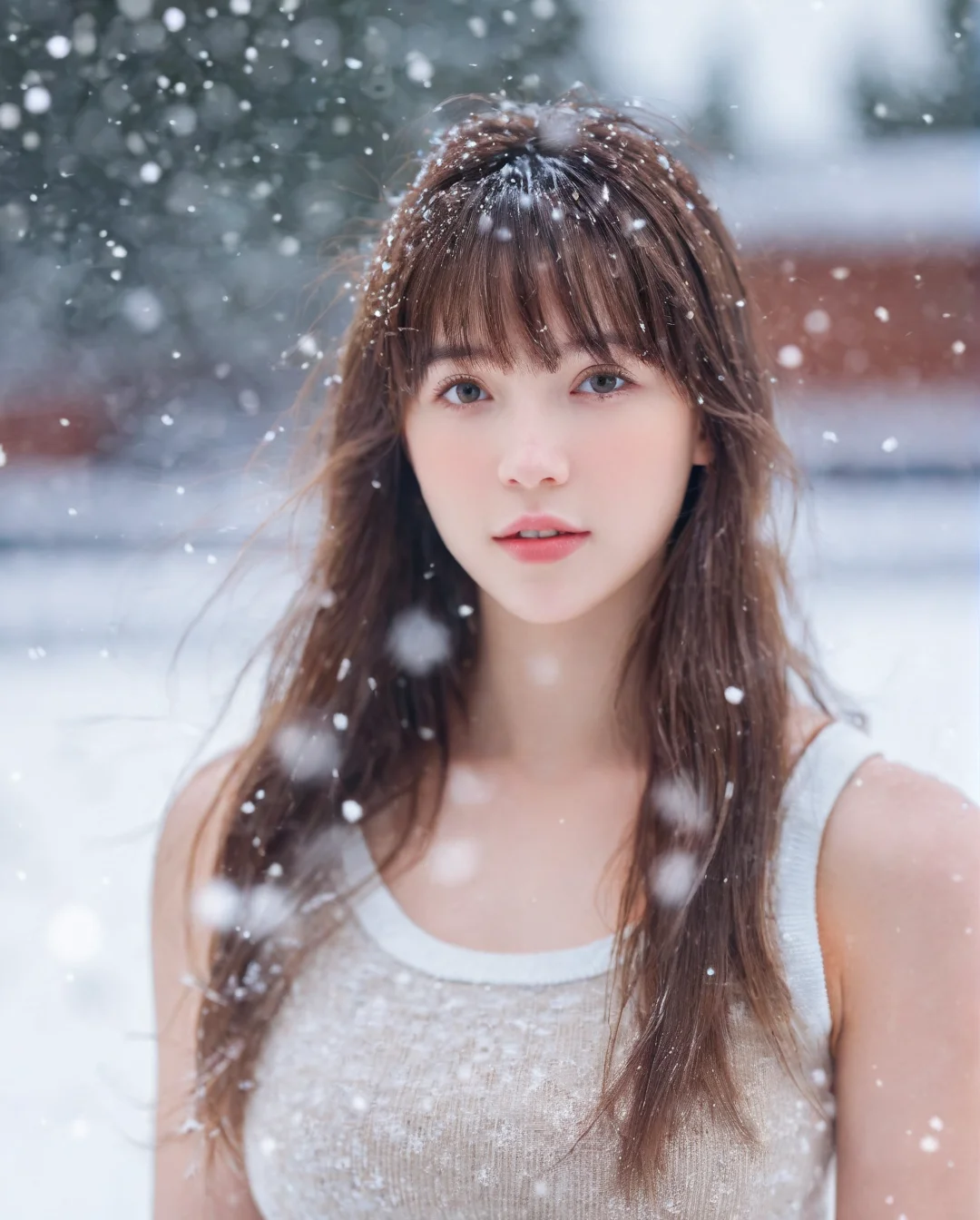 (best quality:1.4), (ultra highres:1.2), (photorealistic:1.4), (8k, RAW photo:1.2),(portrait shot:1.3), _jbright__, 1girl, solo,long hair,bangs,brown hair,tank top,outdoors,realistic,blurry background,Perfect Hands, snow, snowflakes, snowing, <lora:_jbright__-000045:0.2>, <lora:neg4all_bdsqlsz_xl_V7:0.8>, <lora:Perfect Hands:0.8>