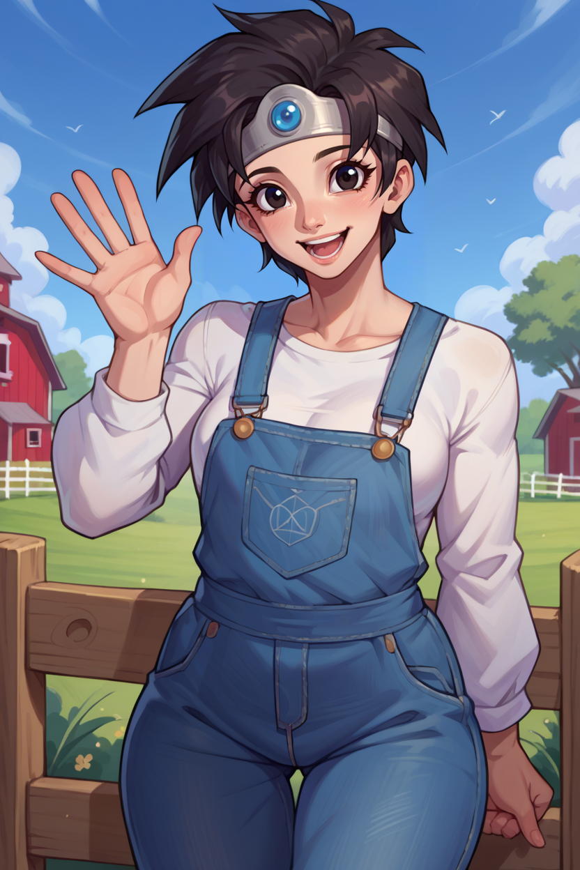 score_9, score_8_up, score_7_up, score_6_up, source_anime, BREAK 1girl, solo, <lora:dq3heroine-pdxl-nvwls-v1-000004:0.9> dq3heroine, black hair, spiky hair, black eyes, circlet, blue overalls, white shirt, long sleeves, denim, looking at you, farm, happy, blue sky, waving