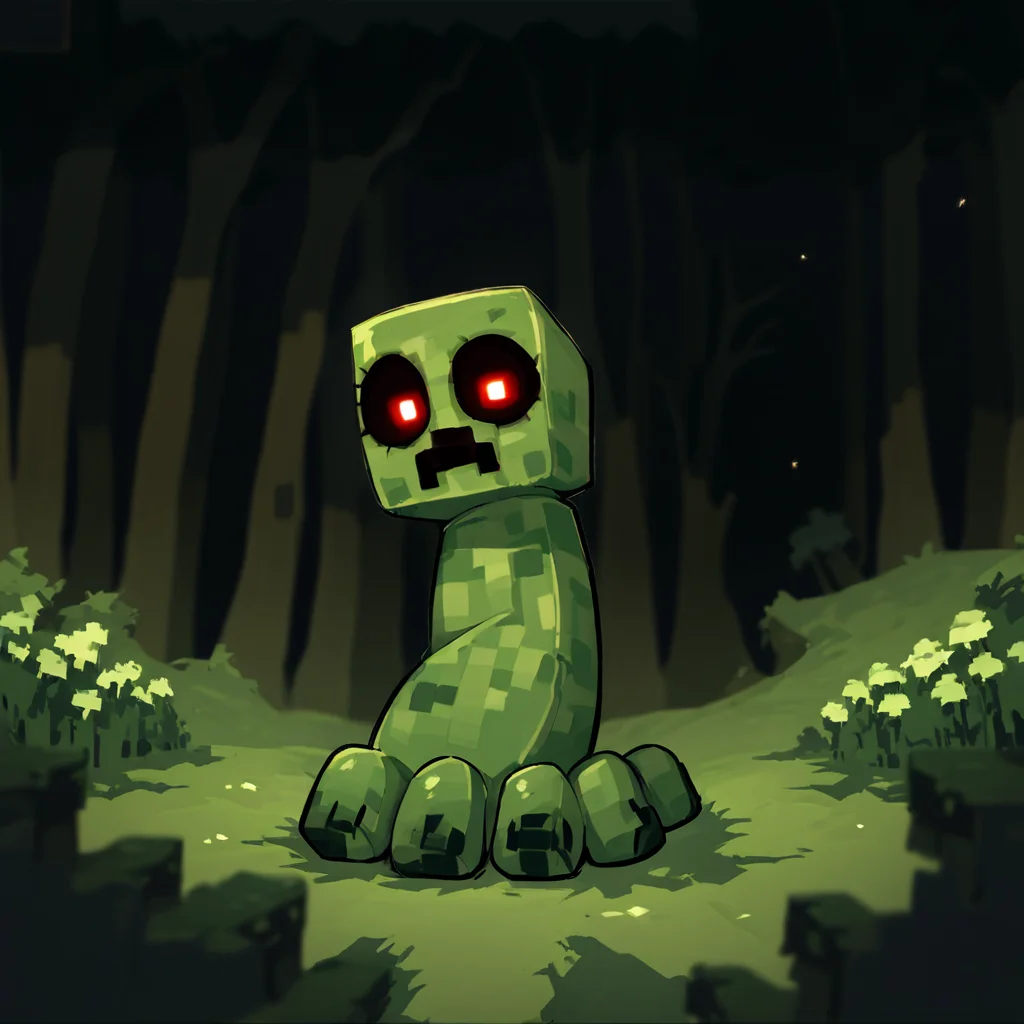 score_9, score_8_up, score_7_up, score_6_up, score_5_up, score_4_up, source_anime,  mcCreeper, minecraft, creature, forest, glowing eyes, red eyes, horror theme