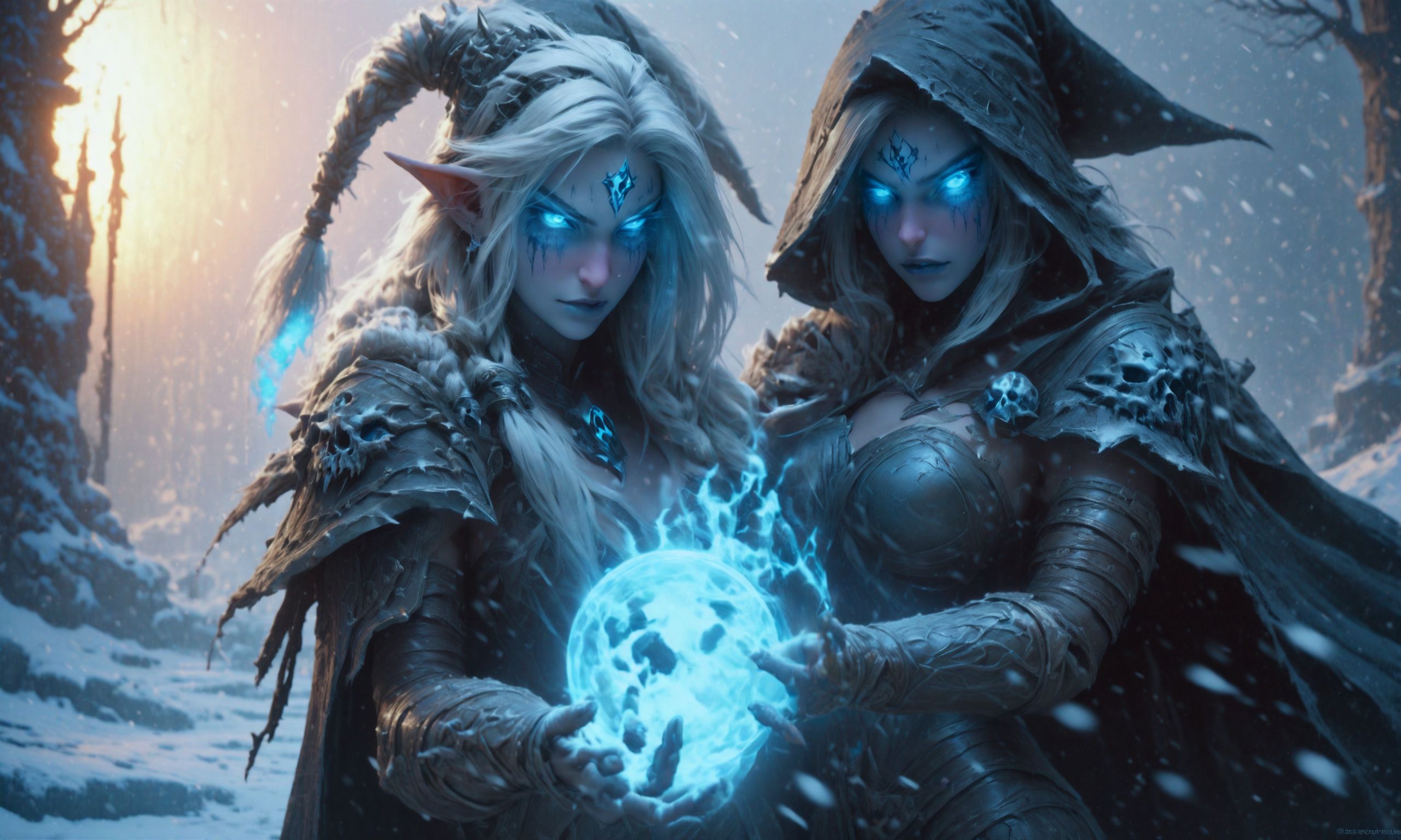 deathknight style,a witch's apprentice turns on her master,8k,masterpiece,realistic,glowing eyes,epic,trending on artstation,hyperdetailed photography,sharp focus,frost theme,(dan dos santos:1.2), <lora:deathknightsyleXL-000004:0.7>,snowing