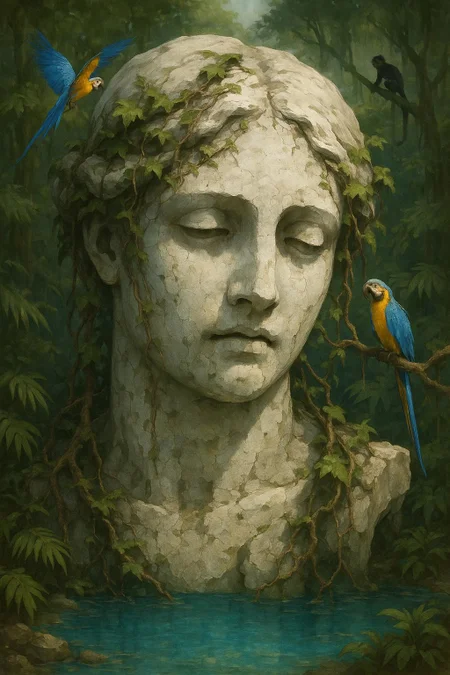 Ancient white marble decrepit giant woman's face statue, cover d in vines, blue oasis pool, macaws, spider monkey watching in the distance