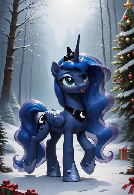 score_9, score_8_up, score_7_up, ( princess Luna mlp1.2), cute very fuzzy, necklace forest background  full body view cutie mark snow on the ground Christmas tree wearing a blue cloak and tiara and necklace and sliver horse shoes in the rainforest
