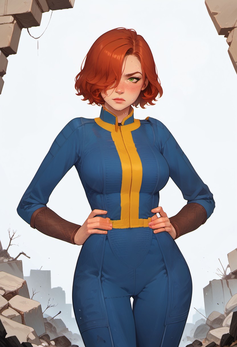 score_9, score_8_up, score_8. score_9, score_8_up, score_7_up, score_6_up, masterpiece, 4k, high quality, (best quality:1.1), ExpressiveH, cowboy shot
1girl, red hair, freckles, hair over right eye, green eyes, large breasts, blue jumpsuit, hands on hips, sweating, frowning
BREAK
ruined bulidings, rubble, debris