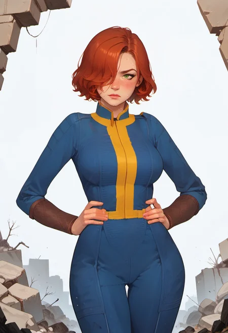 score_9, score_8_up, score_8. score_9, score_8_up, score_7_up, score_6_up, masterpiece, 4k, high quality, (best quality:1.1), ExpressiveH, cowboy shot
1girl, red hair, freckles, hair over right eye, green eyes, large breasts, blue jumpsuit, hands on hips, sweating, frowning
BREAK
ruined bulidings, rubble, debris