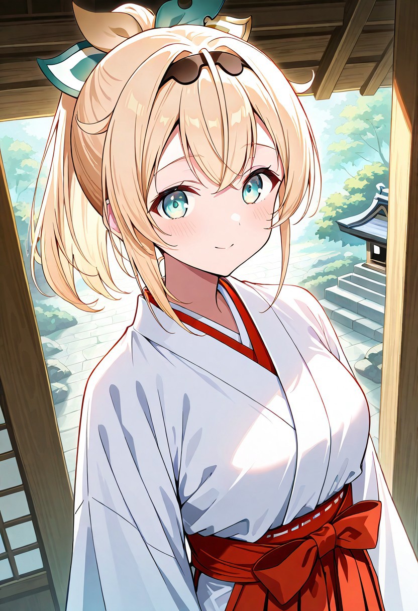1girl, cowboy shot, 1girl, solo, kazama iroha, (Hololive), Vtuber, blonde hair, ponytail, hair ribbon, green eyes, medium breast, 
Shrine Maiden, Miko, white shirt, red hakama,
easynegative, negative_hand,
official art, easynegative, dynamic image, masterpiece, amazing quality, HD32K, vibrant colours, HD32K, highly detailed, detailed background,