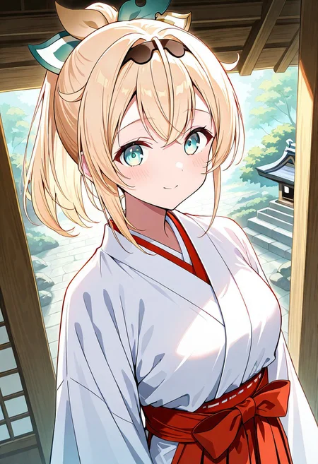 1girl, cowboy shot, 1girl, solo, kazama iroha, (Hololive), Vtuber, blonde hair, ponytail, hair ribbon, green eyes, medium breast,
Shrine Maiden, Miko, white shirt, red hakama,
easynegative, negative_hand,
official art, easynegative, dynamic image, masterpiece, amazing quality, HD32K, vibrant colours, HD32K, highly detailed, detailed background,