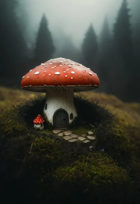 Hobbit Hole,, a closeup macro photo of a slightly red/white translucent small fly agaric mushroom with little Houses on its surface, Super Closeup, a Huge floating Natural mushroom habitus, Spiritual Ethereal installation,
deep Blacks, very detailed, atmospheric haze, Film grain, cinematic film still, shallow depth of field, highly detailed, high budget, cinemascope, moody, epic, OverallDetail, 2000s vintage RAW photo, photorealistic, candid camera, color graded cinematic, eye catchlights, atmospheric lighting, imperfections, natural, shallow dof