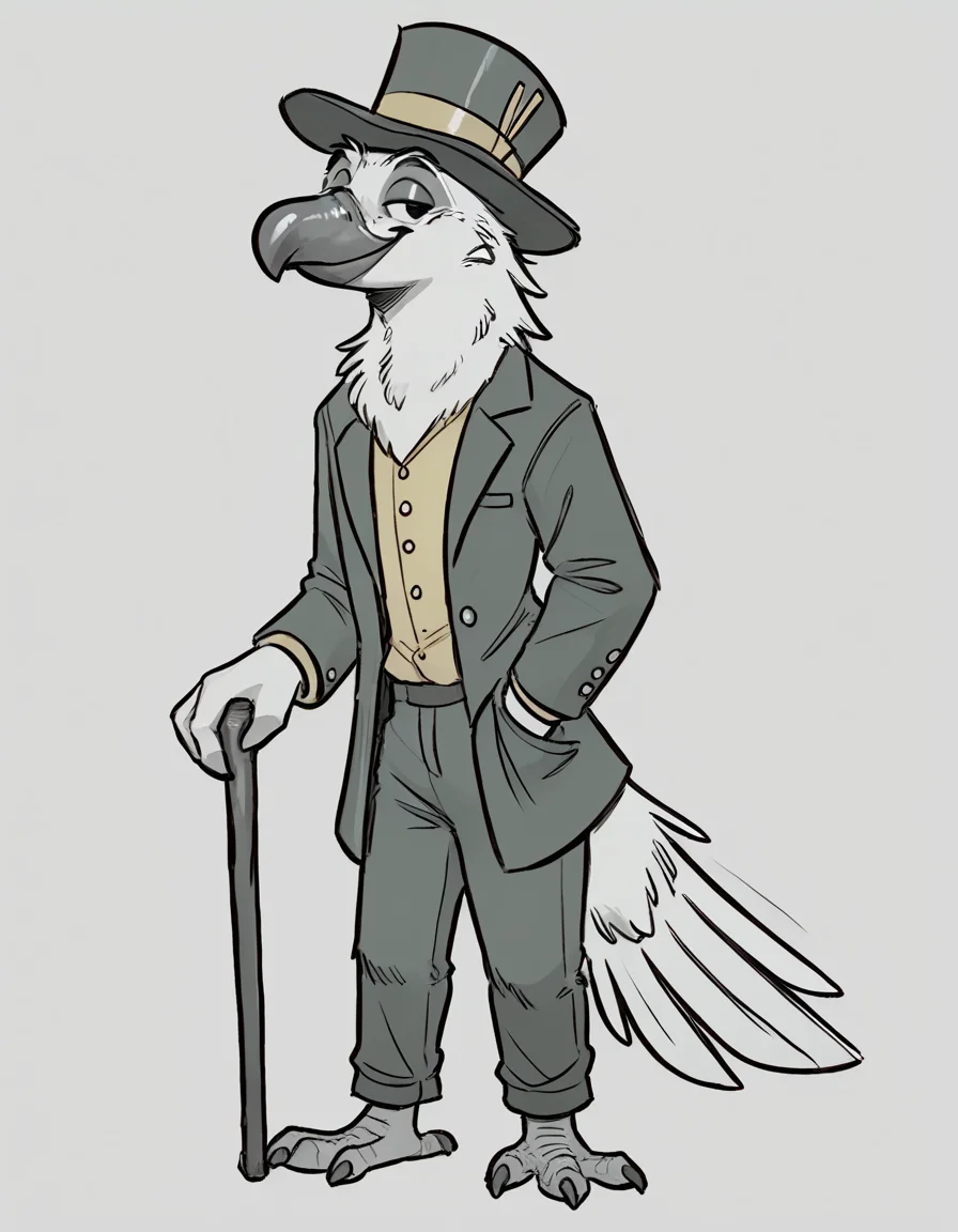 tall crow wearing green suit, yellow top hat, holding a cane, smiling, bending slightly down,
source_furry,
<lora:GrayCove:0.5> monochrome, furry <lora:Tritscrits_Style_PonyXL:1> tr1tscr1ts <lora:kb0g_1.0Pony:0.8> <lora:Jacato_Style_Pony:0.5>, score_9, score_8_up, score_7_up, score_6_up, score_5_up,