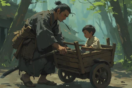 Anime style by J.C. Leyndecker. A stoic samurai dressed in traditional tattered kimono pushes a wooden cart through a serene yet dangerous landscape. Inside the cart sits a small child, quietly observing the world with wide eyes, drawing clear inspiration from "Lone Wolf and Cub." The samurai's hand grips the handle of the cart firmly, while his other hand rests on the hilt of his katana, ready for any threat. The background is a misty forest or ancient village, with hints of danger lurking in the shadows. The scene exudes a sense of duty, protection, and the quiet intensity of a warrior's journey. <lora:MJanime_Flux_LoRa_v3_Final:0.6> <lora:N--Expressive_flux_lora_v1_000009900:0.4> <lora:Eldritch_Paint_Sketch_for_Flux_1.0.5:0.4><lora:776872074170894661:0>