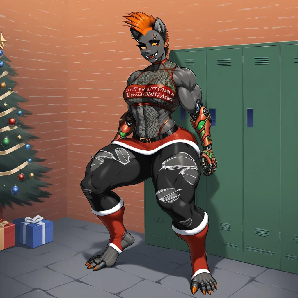 animal ear fluff, eyebrow piercing, christmas tree, fishnet top, brick wall, orange background, muscular female, thick thighs, mohawk, fangs, toeless legwear, mechanical parts, no humans, hetero, bara, dress, full body, locker, torn pants