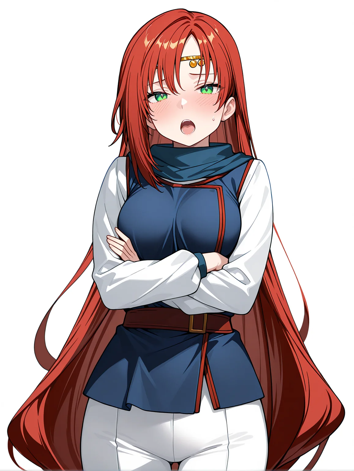 masterpiece,best quality,newest,absurdres,highres,very awa,
1girl,solo,
<lora:elenoa_ilxl_v3.9:1>,elenoa,red hair,very long hair,green eyes,
e_circlet,
e_02clothes,long_sleeves,white sleeves,blue clothes,white pants,
<lora:Fixhands_anime_bdsqlsz_V1:1>,open mouth,blush,simple background,white background,looking_at_viewer,standing,cowboy_shot,crossed arms,embarrass,