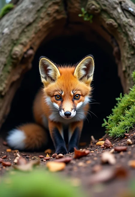 A playful baby fox curiously exploring its surroundings in a forest hideout, with a bushy tail and bright eyes