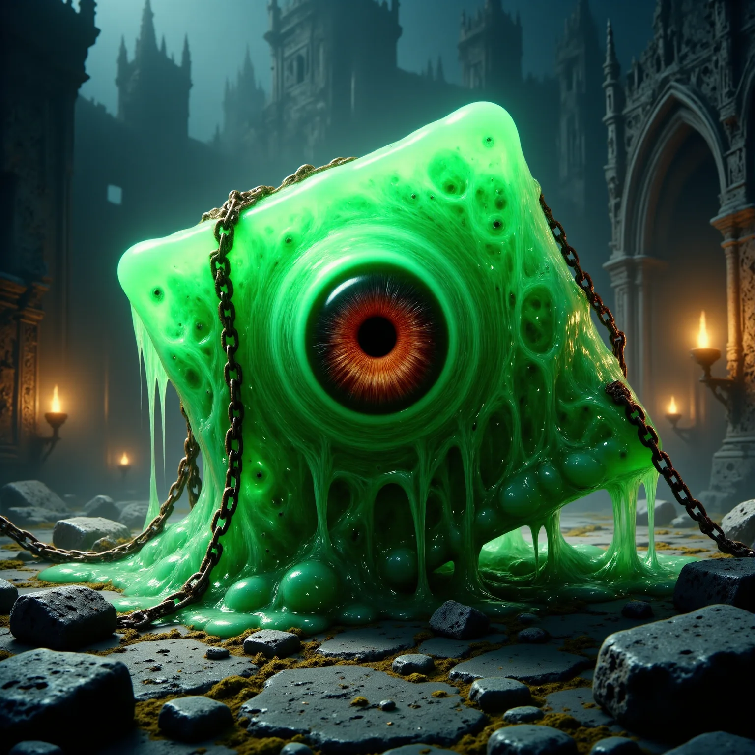famous artwork, highly detailed and atmospheric cinematic film still of an ominous translucent green gelatinous cube with a huge, angry-looking evil red eyeball set in the center of its front side, the cube is wrapped in heavy, rusty chains, as if someone had tried in vain to contain its terrifying power, the chains dig into its gooey surface, partially submerged in the gelatinous mass, the background is an ancient gothic castle with towering stone walls, pointed arches, and intricate carvings, the castle is dimly lit by flickering torchlight, casting deep, eerie shadows across the scene, the atmosphere is dark and foreboding, with the gothic architecture adding to the sense of dread and ancient malevolence, the cube's malevolent demonic eye glows intensely, as if ready to unleash its wrath, intricate details, extremely detailed background, <lora:gelatinous_cube-flux-by_oneviolentgentleman:1.0>