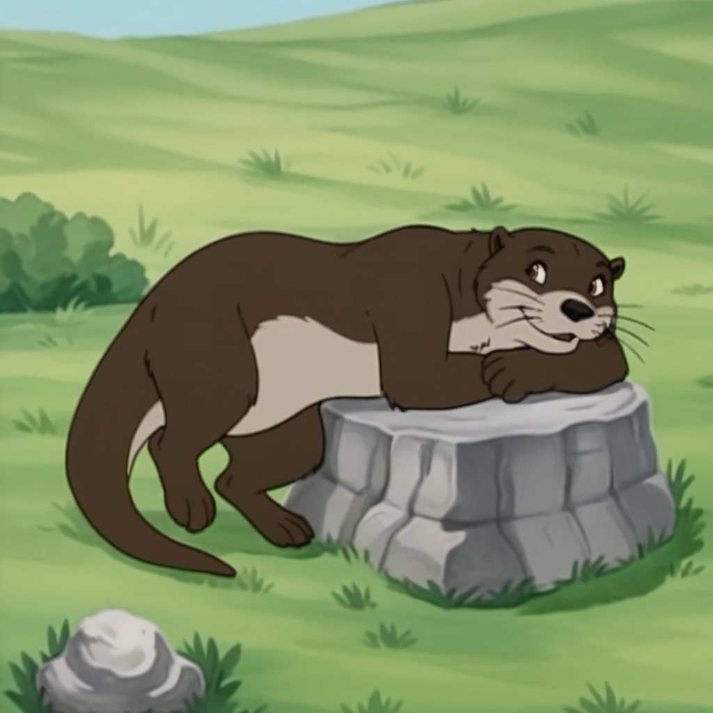 score_9, score_8_up, score_7_up, score_6_up, score_5_up, score_4_up, source_furry, otterfrnkln, semi-anthro, female, otter, brown fur, whiskers, outside, lying, on a rock, in a field,