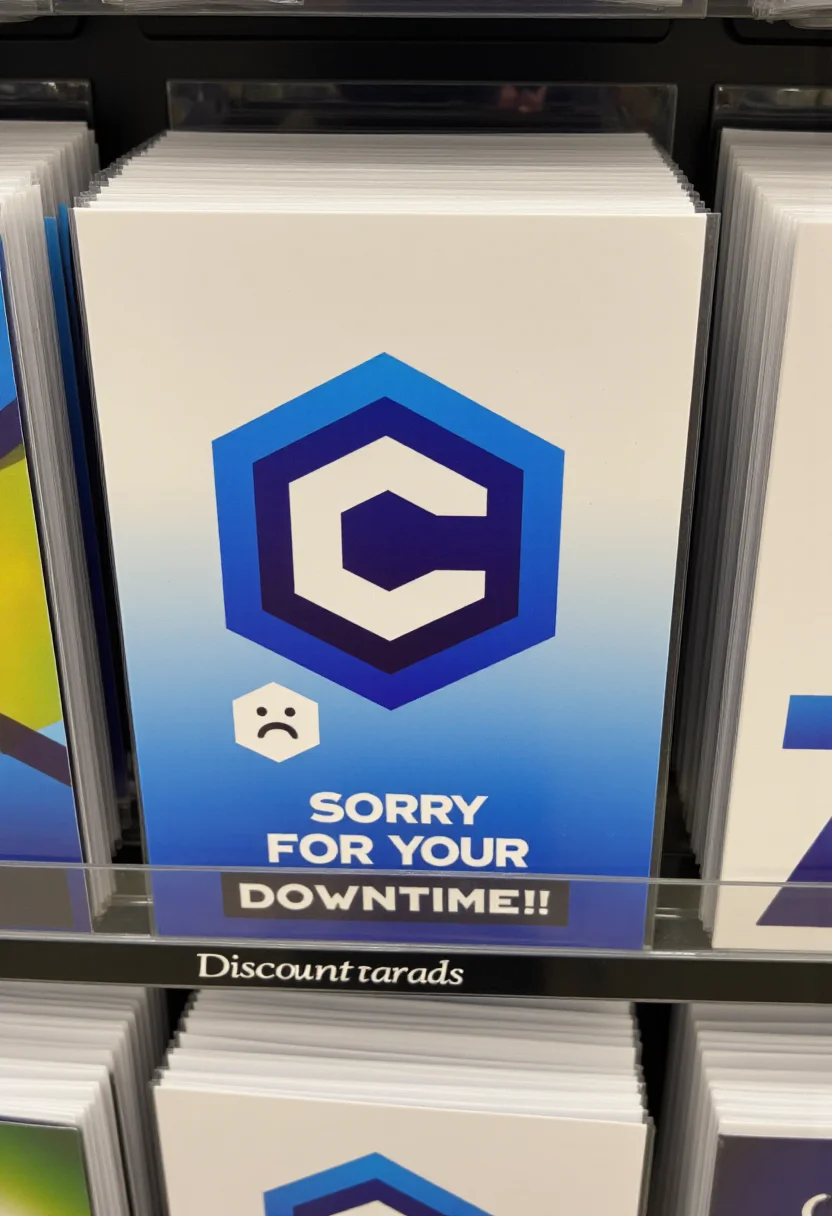 <lora:Greeting_Card_Designer_FLUX:0.8> <lora:civitaiLogoFlux:0.9>
The image is a photograph of a humorous greeting card displayed on a shelf in a store. The card features a civitaiLogo with the text "Sorry for your downtime!" and a sad face.
The background of the card is a gradient of blue and white, giving it a technical computer-like atmosphere.
The section the card is in is titled "Discount cards"