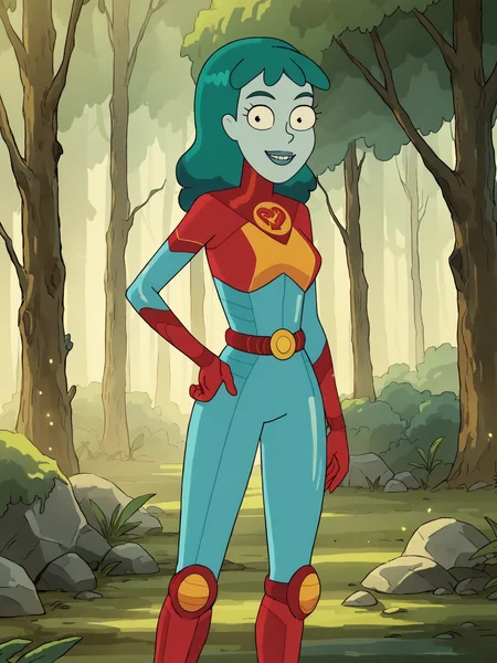 <lora:PlanetinaPony1.0:0.8> planetina, 1girl, solo, bodysuit, blue lips, blue skin, aqua hair, long hair, red gloves, belt,knee boots,teeth, hand on own hip,tree, nature, smile,outdoors,cowboy shot, looking at viewer, score_9, score_8_up, score_7_up, score_6_up, score_5_up, score_4_up