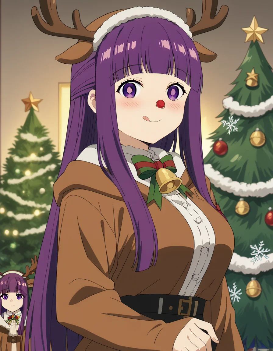 score_9, score_8_up, score_7_up, source_anime, <lora:fern-s1-v2-ponyxl-lora-nochekaiser:1>, fern, long hair, bangs, purple eyes, purple hair, sidelocks, blunt bangs, bright pupils, half updo, large breasts, anime screencap, <lora:reindeer-costume-ponyxl-lora-nochekaiser:1>, reindeer costume, animal costume, reindeer antlers, antlers, fake antlers, reindeer hood, christmas, red nose, deer ears, deer tail, christmas tree, bell, horns, reindeer,, blush, smile, tongue out, looking at viewer,, , dutch angle, cowboy shot