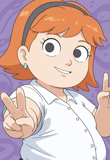 alison, orange hair, short hair, black eyes, grey hairband, earrings, 1girl, solo, looking at viewer, short, shortstack, white button up shirt, chubby, smile, dynamic pose, parted lips, v, upper body, posing, pose, abstract background, dynamic angle,