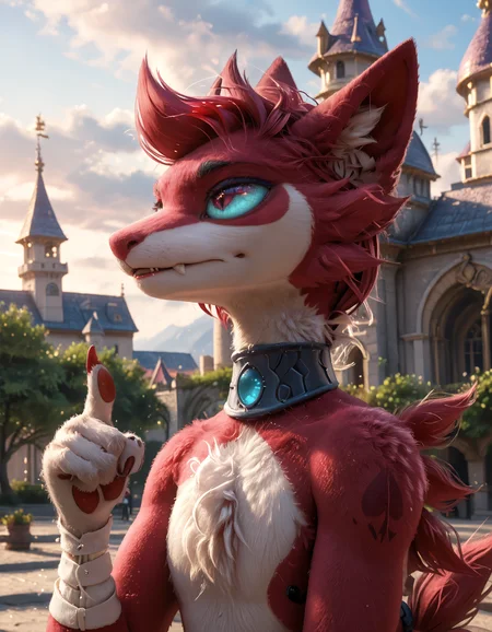 score_9, score_8_up, score_7_up, BREAK rating_safe, detailed, cinematic lighting, hdr, masterpiece, best quality, ultra realistic, 4k, 2k, film photography, RAW photo, photorealistic, analog style, subsurface scattering, photorealism, <lora:add-detail-xl:3.0>, <lora:2.5DRealisticV2.safetensors:0.25>, <lora:sinfully_stylish_SDXL.safetensors:0.6>, <lora:AdvancedEnhancerXLv2.safetensors:1.0>, <lora:Zephyr_Blitzdrachin_OC.safetensors:0.95>, solo, anthro, detailed fur, z3phyr, praimortis, bandage, arm wraps, fangs, long tail, red fur, black collar, blue sclera, black pupil, vertical pupil (close-up, looking away looking up at partner thumbs up, lonely, palace bioluminescence storm day starry, outdoor:1.15)