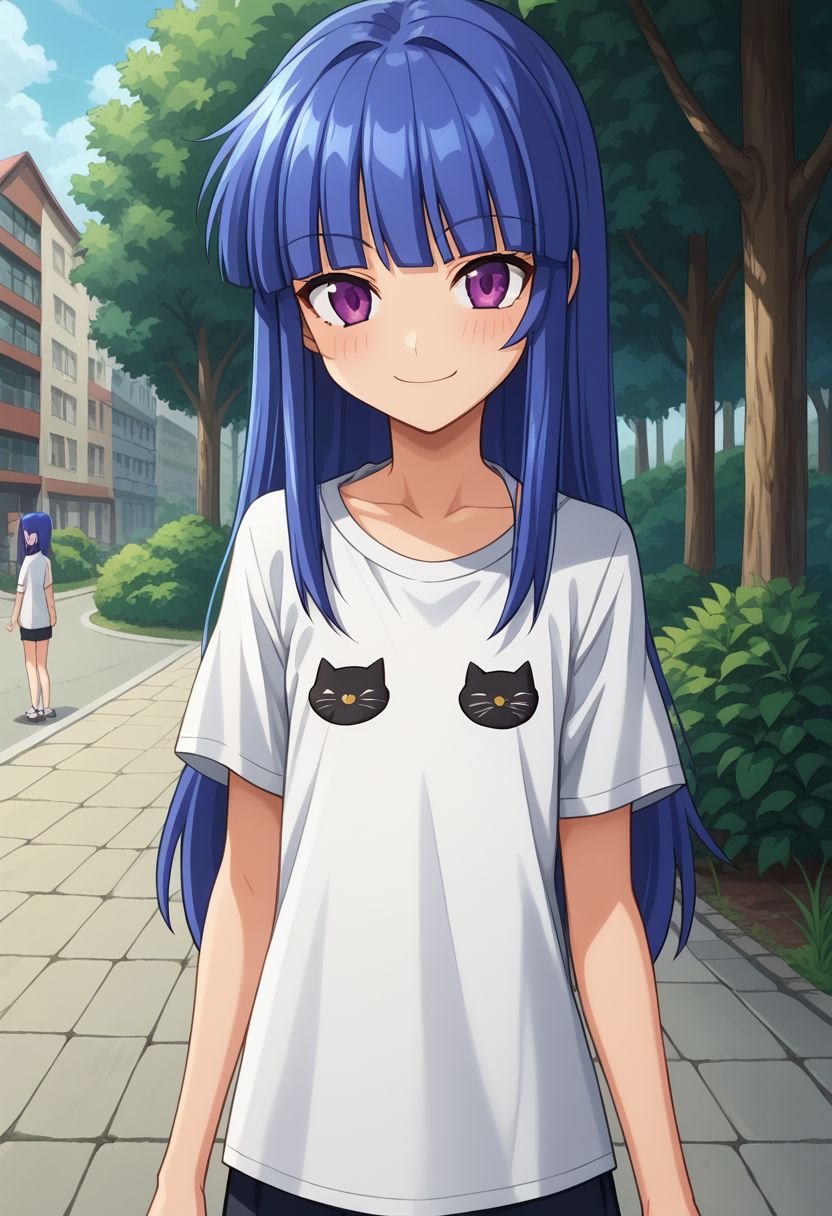 score_9, score_8_up, score_7_up,anime coloring,anime screencap , source_anime, BREAK, 1Girl , Furude Rika, purple eyes,  blue hair, long hair, hime cut,outdoor, anime coloring,anime screencap, happy smile, kawaii, flat chest, cat clothes