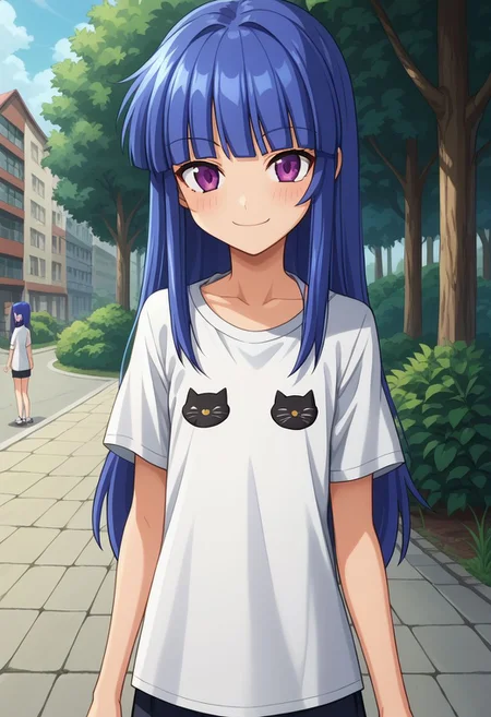 score_9, score_8_up, score_7_up,anime coloring,anime screencap , source_anime, BREAK, 1Girl , Furude Rika, purple eyes, blue hair, long hair, hime cut,outdoor, anime coloring,anime screencap, happy smile, kawaii, flat chest, cat clothes