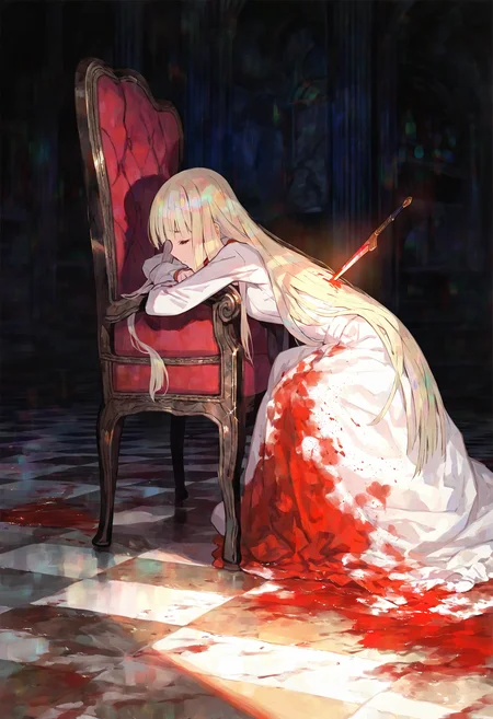 masterpiece,best_quality,artist:lack,artist:fuzichoco,artist:lam,artist:kinta,
from side,close_up,3 point lighting,1 girl,solo,dagger stabbed in back,very_long_hair,straight_hair, blonde_hair,sitting on chair, facing away,closed_eyes,head_rest,blood stained dress,blood on the floor,swirling pattern floor,white hall,lobby stair,