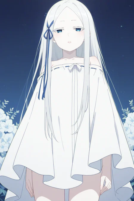 score_9, score_8_up, score_7_up, source_anime, 1girl, prefect lighting, very aesthetic, intricate details, highly detailed background, masterpiece, high quality, prefect hands, best quality, solo,
<lora:Pandora_ReZero_V1:.75>, KJOpandora, white hair, blue eyes, parted bangs, Long eyelashes, very long hair, hair ribbon, half-closed eyes, pale skin, 
white dress, off shoulder, 
looking at viewer, from below,
outdoors,  night,
(Beautiful, small Breasts:1.2), natural breasts,