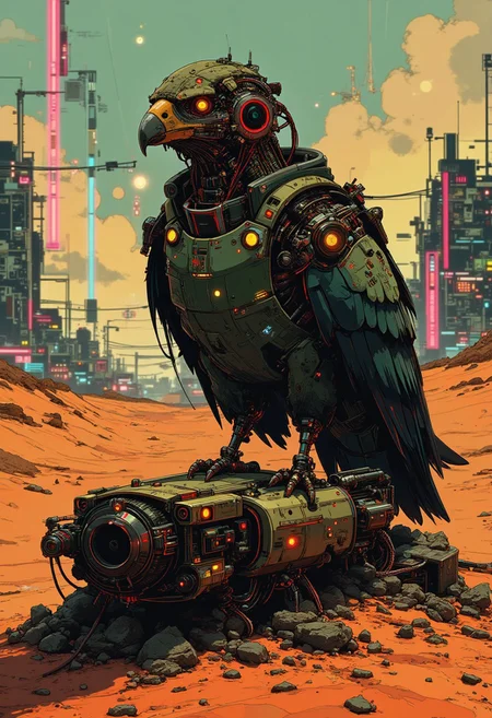 A digital artwork in the style of cknc, A cyborg vulture rests on the skeletal remains of a rusted drone buried halfway in the desert sands. Its cybernetic wings shimmer with a faint neon glow, illuminated by the reflection of a distant sci-fi cityscape. In the backdrop, the city pulses with holographic lights, and the arid desert stretches endlessly. The horizon blurs the line between the barren wilderness and the technological metropolis. Soft golden hues of dusk cast long shadows across the dunes, blending natural and synthetic beauty. Focus on intricate textures: gritty sand, metallic feathers, and city neon reflections.