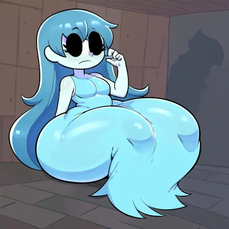 score_9, score_8_up, score_7_up, score_6_up, <lora:add-detail-xl:.5>, big ass, big breasts, thick thighs, 1girl, solo, wide hips, curvy, easynegative, spookyjsm, 1girl, solo, ghost, blue hair, solid oval eyes, long hair, colored skin, long dress, black eyes, perfect round ass,