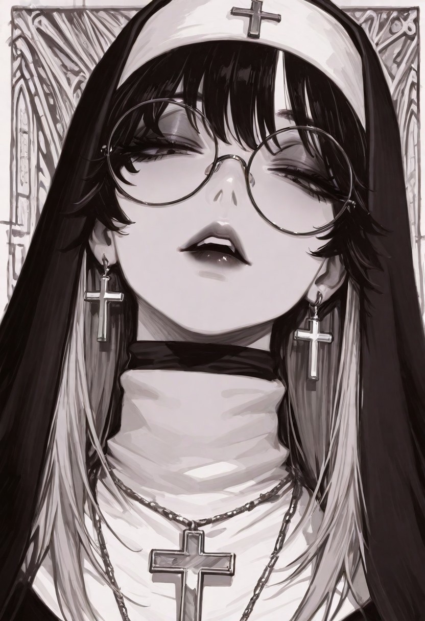 masterpiece, best quality, good quality, very aesthetic, absurdres, newest, 1girl, (solo), black hair, black lips, coif, cross, cross earrings, cross necklace, earrings, eyelashes, eyeshadow, glasses, habit, half-closed eyes, jewelry, lips, long hair, looking at viewer, looking down, makeup, monochrome, multicolored hair, necklace, nun, parted lips, portrait, round eyewear, solo, teeth, traditional nun, turtleneck, two-tone hair, upper teeth only