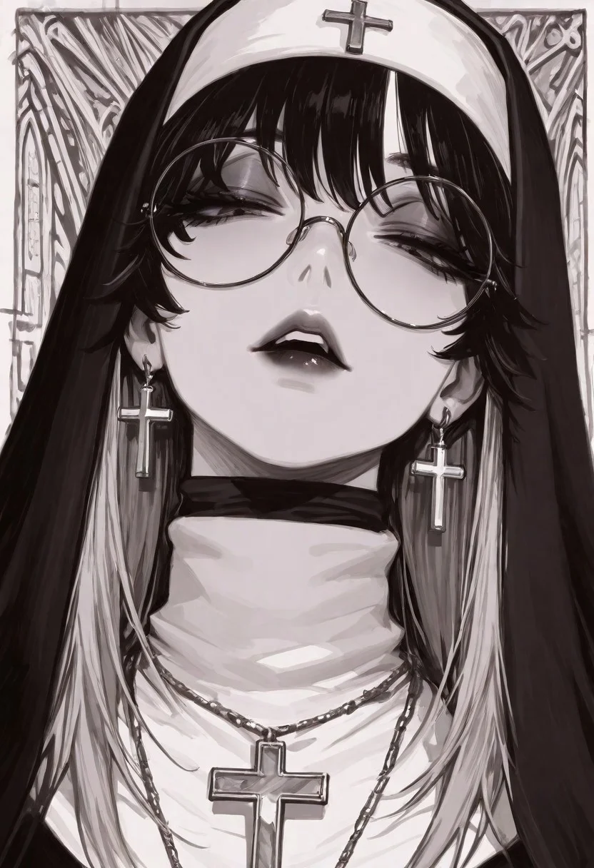 masterpiece, best quality, good quality, very aesthetic, absurdres, newest, 1girl, (solo), black hair, black lips, coif, cross, cross earrings, cross necklace, earrings, eyelashes, eyeshadow, glasses, habit, half-closed eyes, jewelry, lips, long hair, looking at viewer, looking down, makeup, monochrome, multicolored hair, necklace, nun, parted lips, portrait, round eyewear, solo, teeth, traditional nun, turtleneck, two-tone hair, upper teeth only