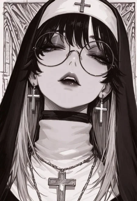 masterpiece, best quality, good quality, very aesthetic, absurdres, newest, 1girl, (solo), black hair, black lips, coif, cross, cross earrings, cross necklace, earrings, eyelashes, eyeshadow, glasses, habit, half-closed eyes, jewelry, lips, long hair, looking at viewer, looking down, makeup, monochrome, multicolored hair, necklace, nun, parted lips, portrait, round eyewear, solo, teeth, traditional nun, turtleneck, two-tone hair, upper teeth only