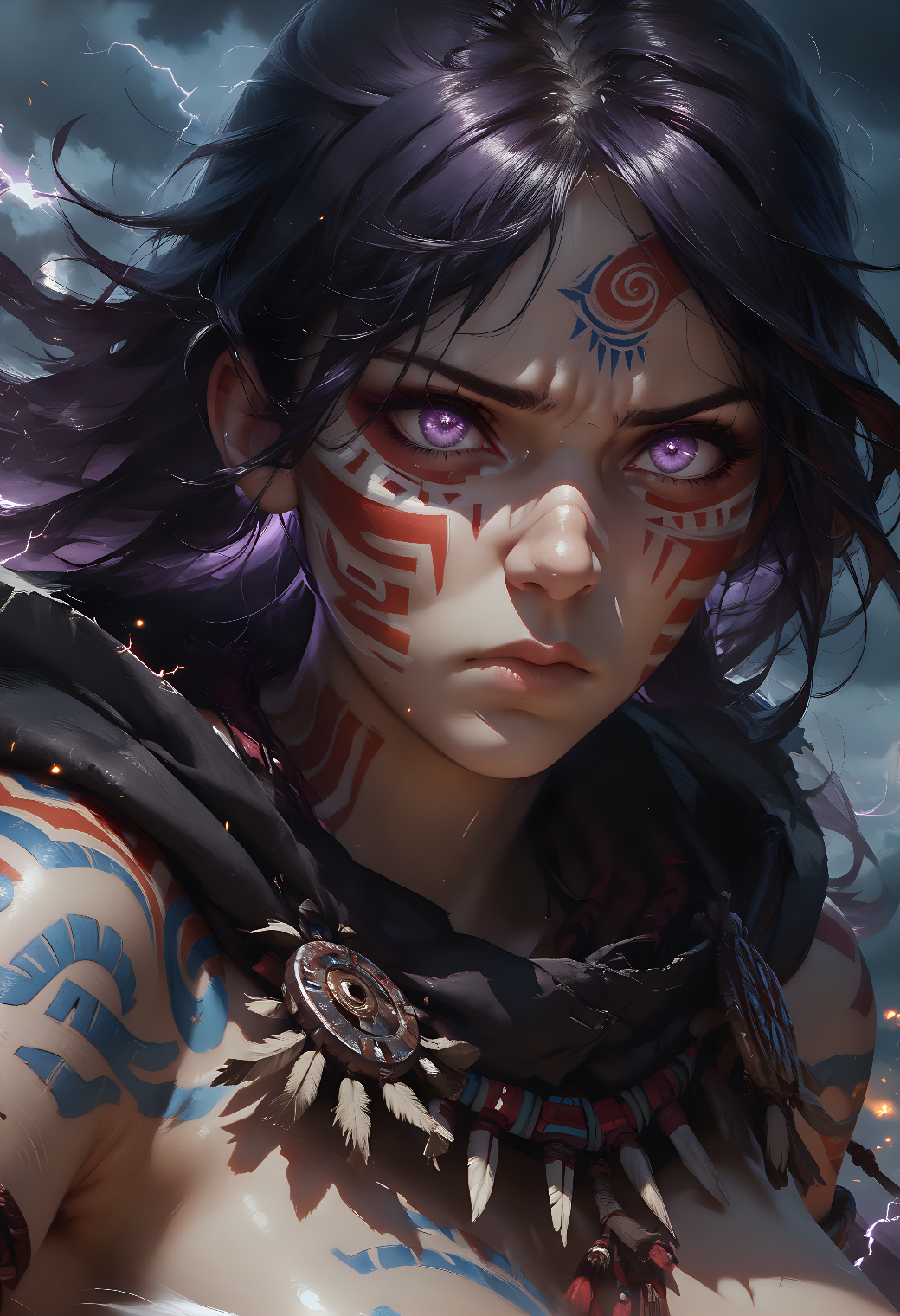 score_9, score_8_up, score_7_up, score_6_up, concept art, realistic, symmetrical composition, underlighting, backlighting, purple light, electricity, light particles, blurry background, portrait, close-up, face focus, 1girl, (solo:1.05), (facepaint, war paint, tribal paint:1.1), (bodypaint:1.25), medium breasts, dark nipples, long hair, floating hair, black hair, purple hair, gradient hair, dark purple eyes, (glowing eyes:1.15), (eyes in shadow, shaded face:1.25), frown, rage, closed mouth, hooded cloak, hood down, black cloak, torn clothes, night, mist, clouds, smoke, dark matter