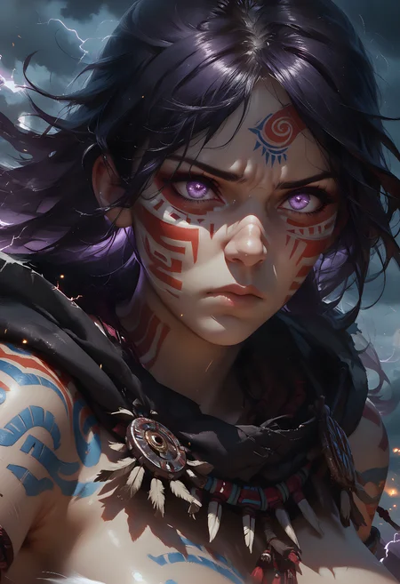 score_9, score_8_up, score_7_up, score_6_up, concept art, realistic, symmetrical composition, underlighting, backlighting, purple light, electricity, light particles, blurry background, portrait, close-up, face focus, 1girl, (solo:1.05), (facepaint, war paint, tribal paint:1.1), (bodypaint:1.25), medium breasts, dark nipples, long hair, floating hair, black hair, purple hair, gradient hair, dark purple eyes, (glowing eyes:1.15), (eyes in shadow, shaded face:1.25), frown, rage, closed mouth, hooded cloak, hood down, black cloak, torn clothes, night, mist, clouds, smoke, dark matter