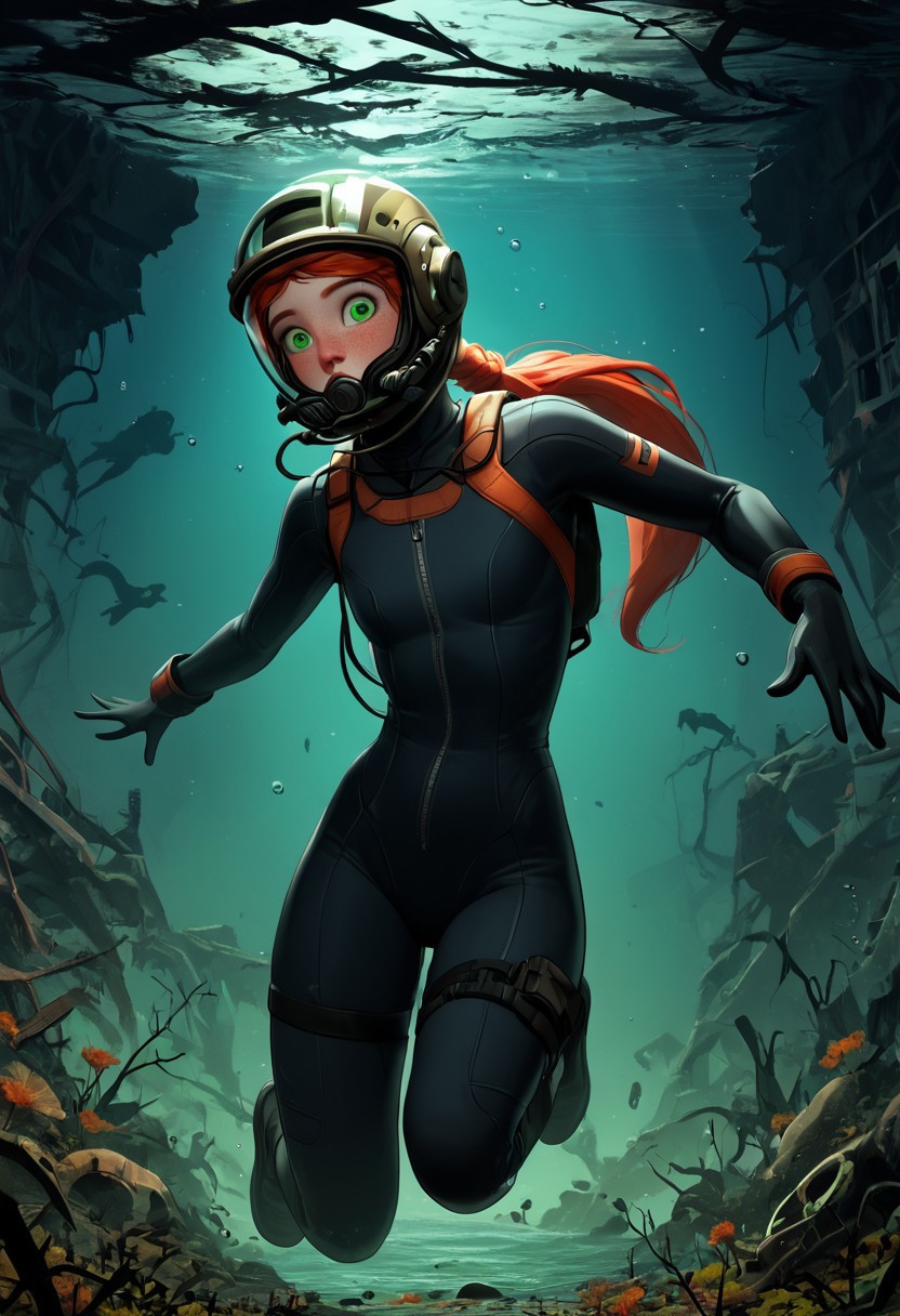 1woman, Masterpiece, 4k, ultra high detail, score_9, score_8_up, score_8, 21yo,  small breast size, long red ponytail hair, fcNeg, stunning green eyes, freckles, white skin, small nose, innocent beauty, slim face,  skinny body, perfect body, supermodel, 
Old_diving_gear with glass helmet, dark_divingsuit with dark glass_helmet, 
Dark Underwater_ruins, very_dark, less_green_light, 
Sunken city, floated ruins, dark night, 
negative_hand, NightScapes, creepy_night, Diving Suit, 18th_centuary_diving_suit, old_diving_suit,