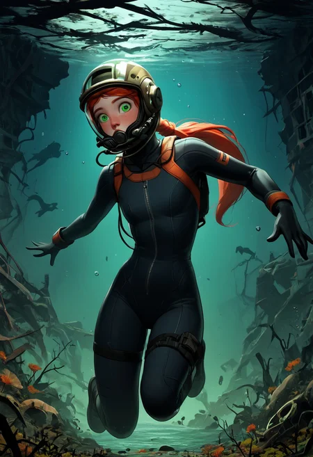 1woman, Masterpiece, 4k, ultra high detail, score_9, score_8_up, score_8, 21yo, small breast size, long red ponytail hair, fcNeg, stunning green eyes, freckles, white skin, small nose, innocent beauty, slim face, skinny body, perfect body, supermodel,
Old_diving_gear with glass helmet, dark_divingsuit with dark glass_helmet,
Dark Underwater_ruins, very_dark, less_green_light,
Sunken city, floated ruins, dark night,
negative_hand, NightScapes, creepy_night, Diving Suit, 18th_centuary_diving_suit, old_diving_suit,