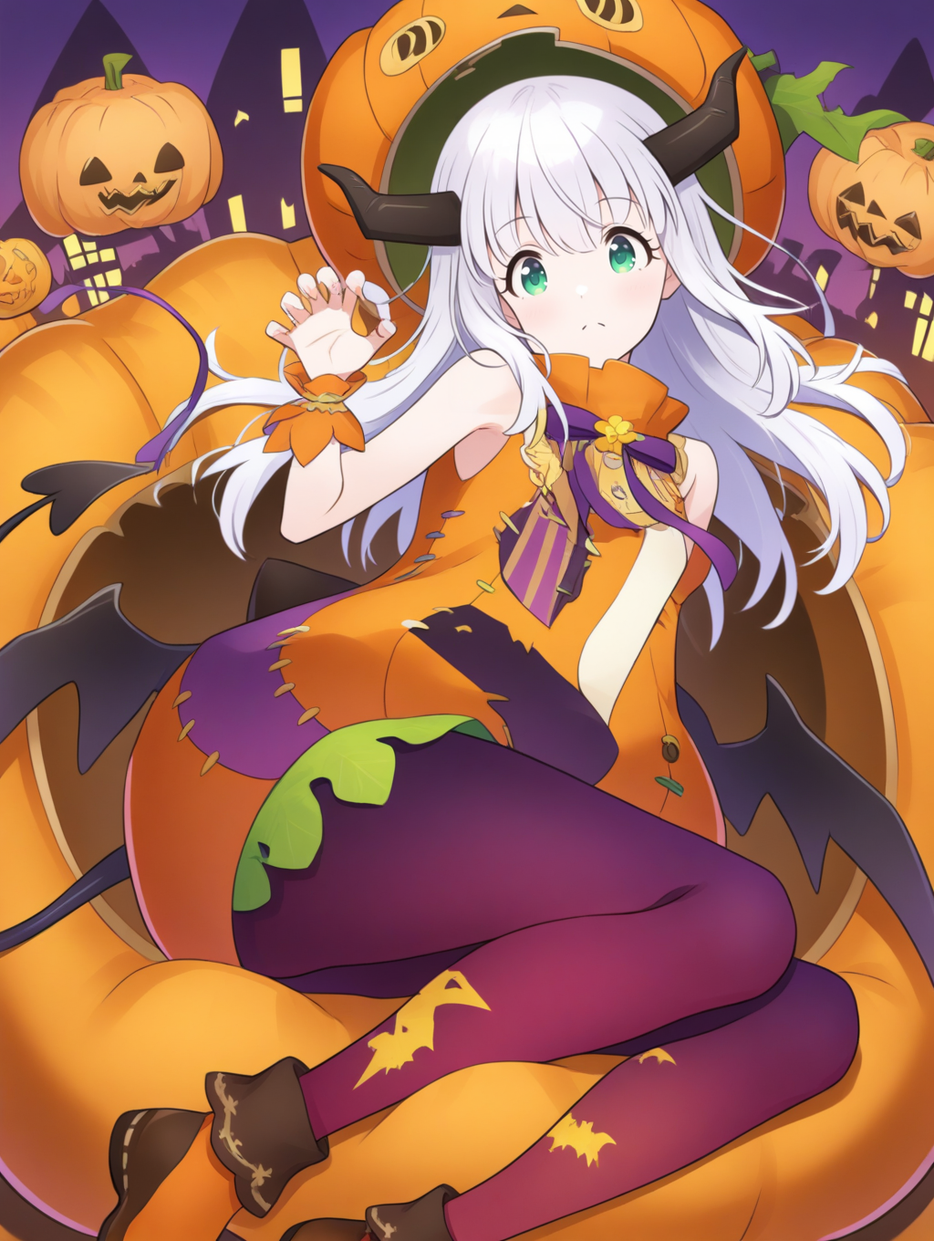 perfect quality,best quality,absolutely eye-catching,ambient occlusion,raytracing BREAK
1girl,<lora:riria kabotya IL v1.1:1>,kabotya,white hair,green eyes,long hair,horns,halloween,halloween costume,pumpkin,hat,sleeveless,wrist cuffs,wings,ribbon,demon tail,red legwear,purple legwear,shoes,print legwear,, sideways,portrait,closed mouth,claw_pose,v_arms,reclining,