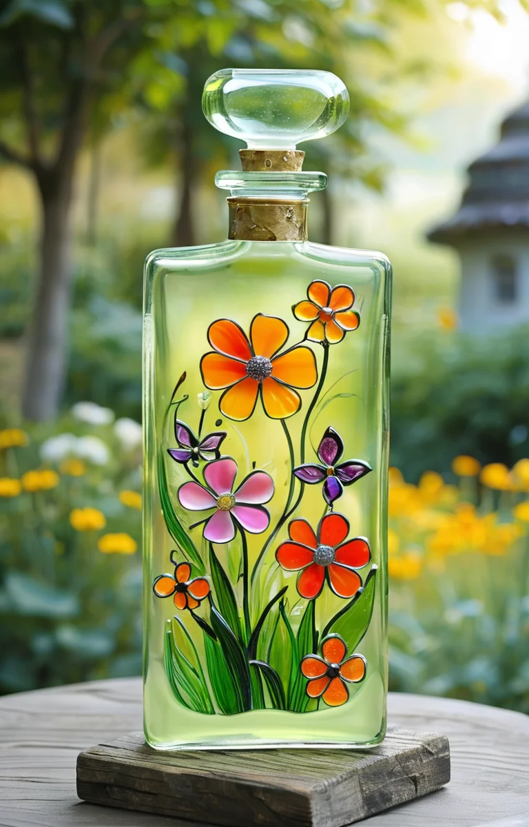 masterpiece,best quality,<lora:tbh372-sdxl:0.6>,illustration,style of Fused glass A bottle of perfume in garden