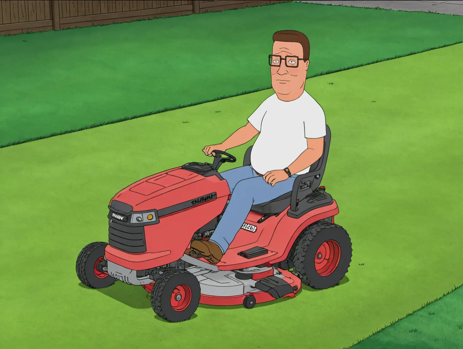 (masterpiece, best quality, high quality:1.3),highres,2d,flat shading,
hank hill,solo,mowing lawn,ride on mower,backyard,
<lora:Hank_Hill:0.8>