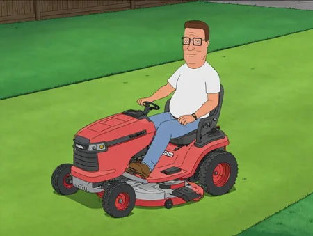 (masterpiece, best quality, high quality:1.3),highres,2d,flat shading,
hank hill,solo,mowing lawn,ride on mower,backyard,
<lora:Hank_Hill:0.8>