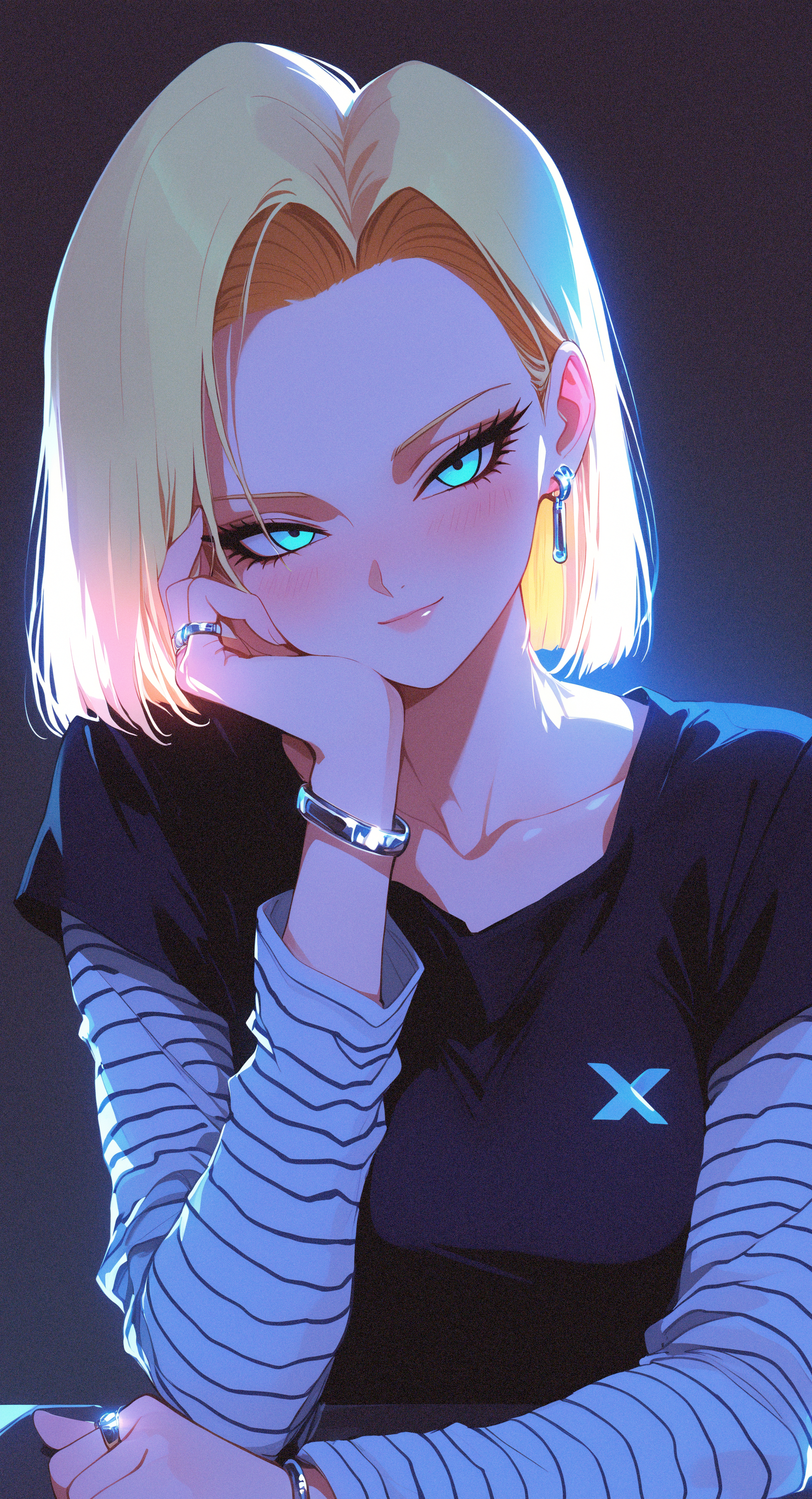 masterpiece, best quality, good quality, very awa, newest, highres, absurdres,
 android 18 \(dragon ball\),
1girl, solo, blonde hair, blue eyes, medium breasts, short hair, collarbone, eyelashes,
looking at viewer, blush, closed mouth,head rest, hand on own cheek, hand on own face, shirt, long sleeves, short sleeves, earrings, bracelet, ring, layered sleeves, striped sleeves
upper body, simple background, underlighting,
Mature women,light smile, xxx667_illu, (glowing:0.6), melanch0ly, retro anime, 1990s <lora:illustriousXL_stabilizer_v1.23:0.3> <lora:NOOB_vp1_detailer_by_volnovik_v1:0.3> <lora:ponyv6_noobE11_2_adamW-000017:0.3> <lora:XXX667:0.7> <lora:MelancholyAnime:0.8>